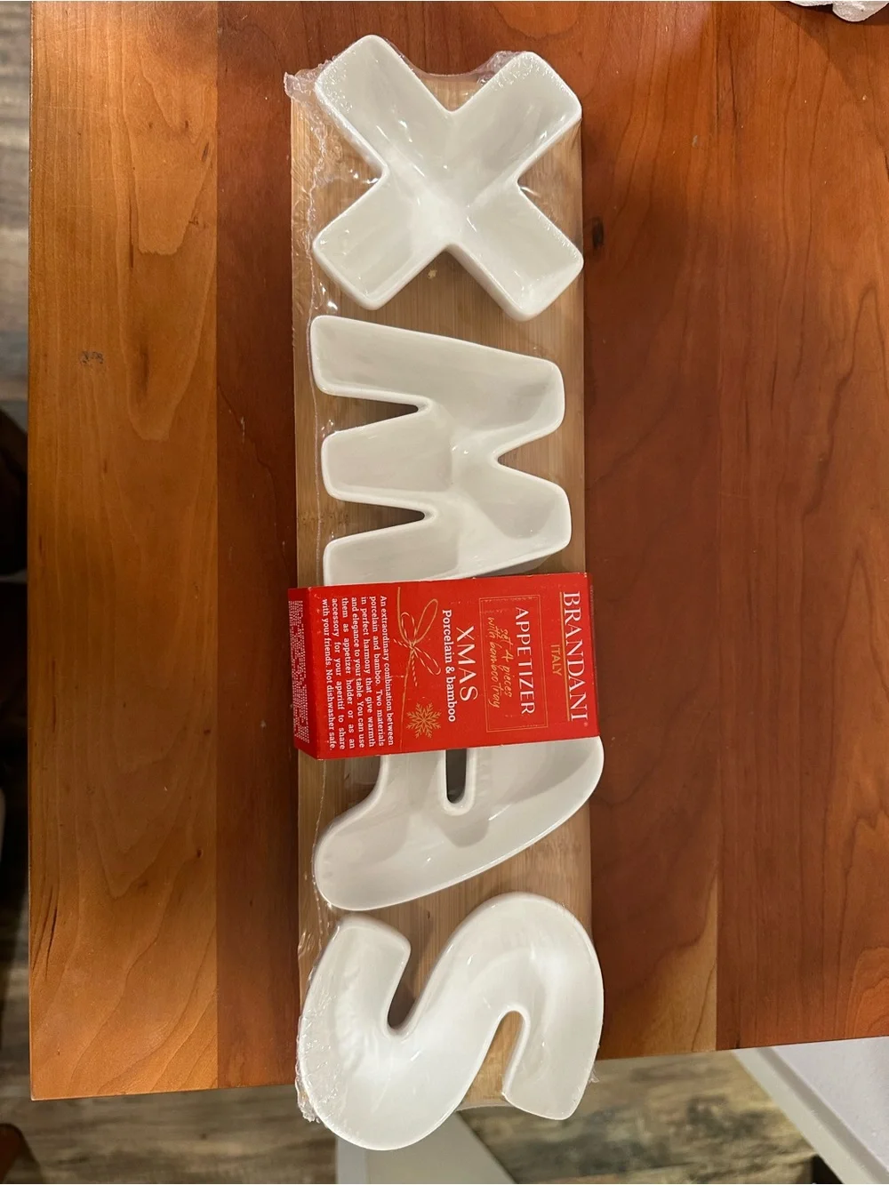 White 'XMAS' Appetizer Serving Set/mini dishes on Bamboo Board. Great Gift!
